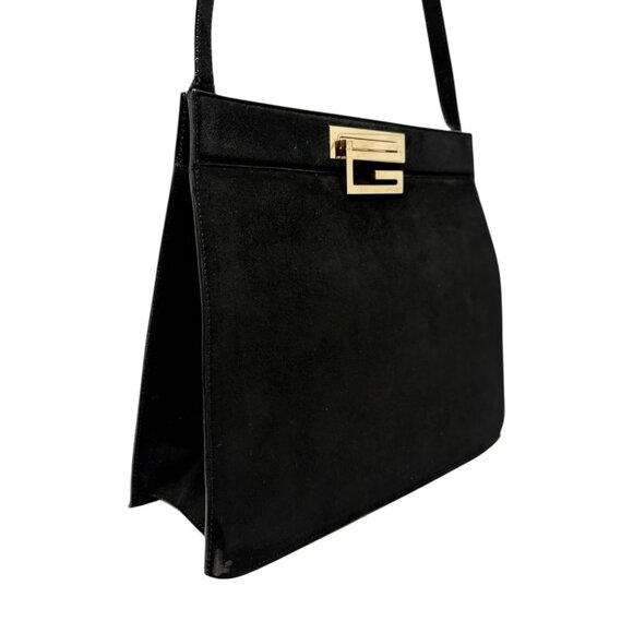 GUCCI Vintage G Square Logo Shoulder Bag Handbag Black Gold Suede [106264] - Picture 10 of 14